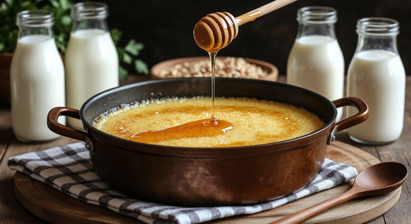 A warm Turkish kitchen with a bubbling pot of golden semolina pudding drizzled with honey, surrounded by fresh milk bottles and a wooden spoon resting on a checkered cloth.