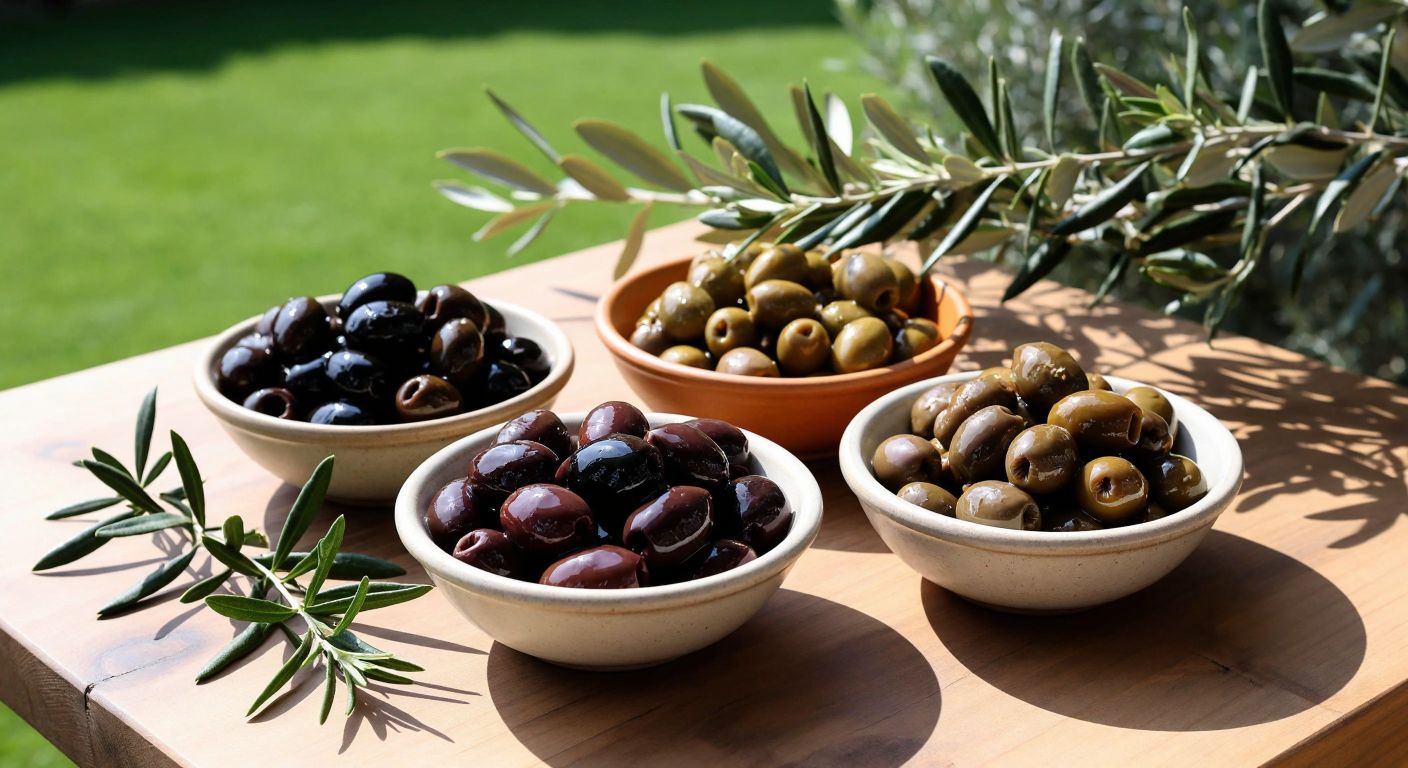 A sunlit wooden table in Bodrum holds three small ceramic bowls—one with dark, brine-cured Bodrum olives, another with plump Gemlik olives, and a third with glossy Ayvalık olives, surrounded by fresh herbs and a rustic olive branch.