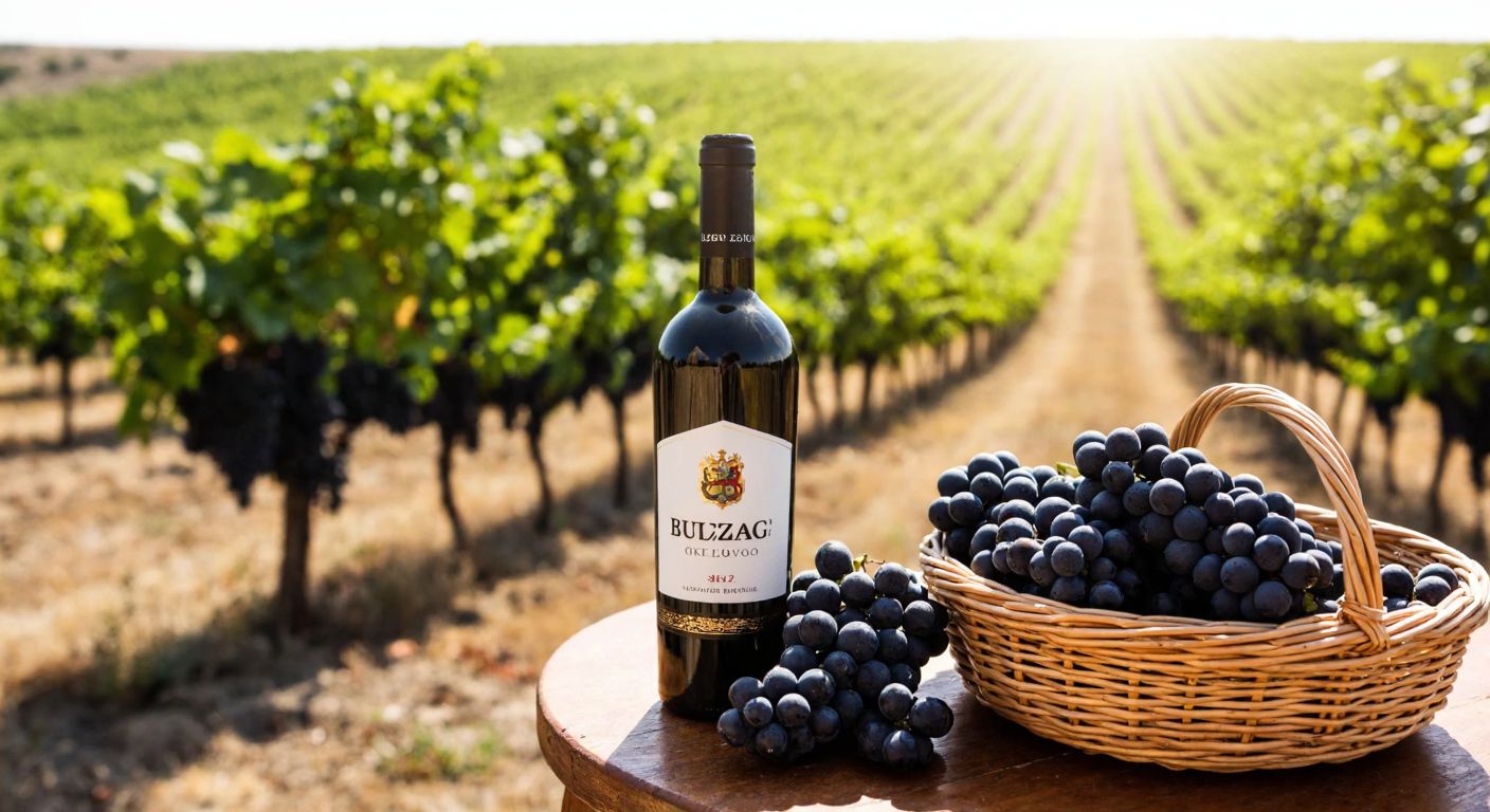 A rustic wooden table in Elazığ holds a bottle of Buzbağ Öküzgözü wine beside a basket of dark Öküzgözü and Boğazkere grapes, with sunlit vineyards stretching into the distance.