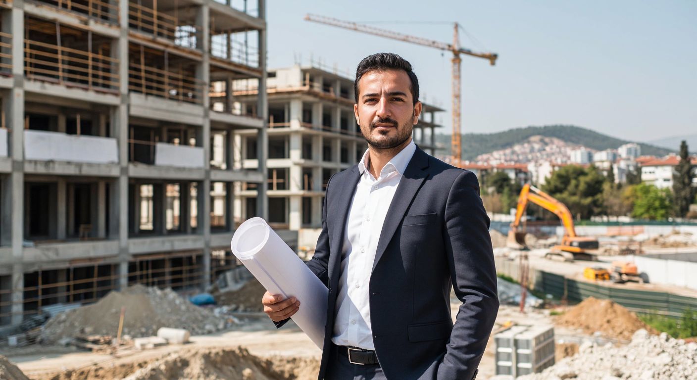 A confident Turkish businessman in a suit stands at a construction site in İzmir, holding blueprints while a university building and a textile factory subtly blend into the background.