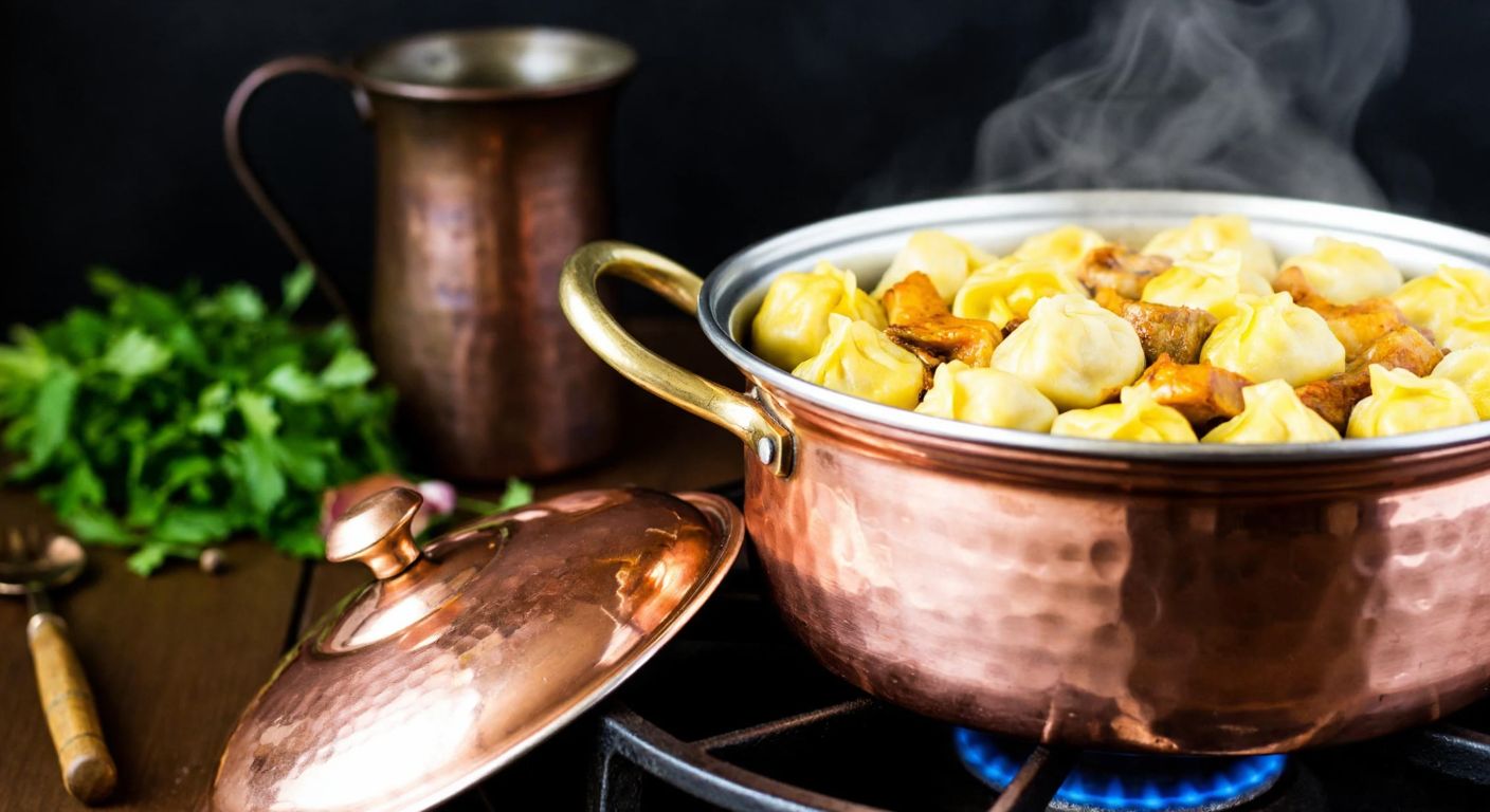 A steaming, multi-layered copper pot filled with golden Turkmen manti, resting on a traditional stove, with aromatic herbs and a wooden spoon nearby, evoking warmth and rich culinary tradition.