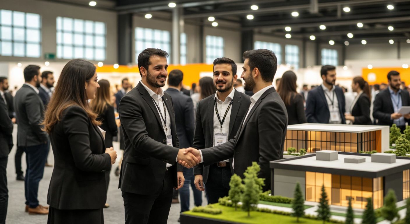 A bustling industrial conference hall in Bursa, filled with well-dressed Turkish businesspeople shaking hands, surrounded by architectural models of factories and trade fair booths, with a warm, collaborative atmosphere.
