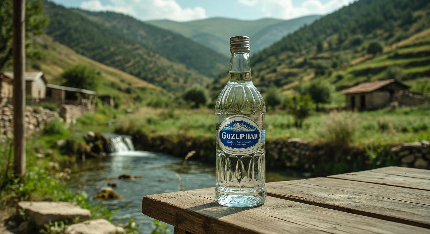 A crystal-clear glass bottle of Güzelpınar water resting on a wooden table in a rustic Turkish village, surrounded by lush green hills and a small natural spring in the background.