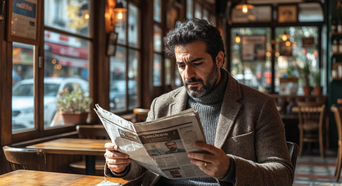 A thoughtful Turkish adult sits in a cozy café, holding a newspaper in one hand and a smartphone in the other, while critically examining a news headline with a focused, discerning expression.
