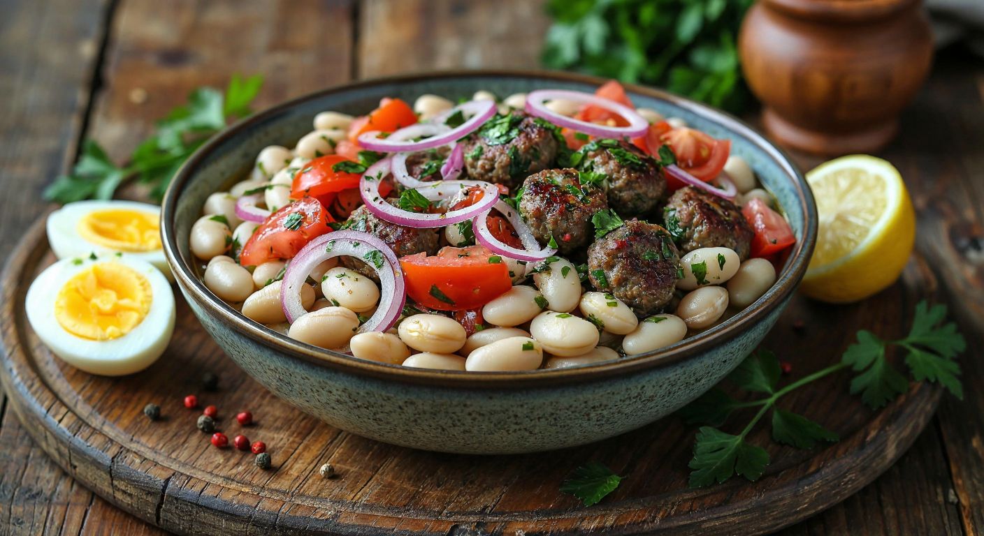 A rustic wooden table in a Turkish kitchen holds a vibrant bowl of *köfte piyaz*, filled with boiled white beans, thinly sliced red onions, diced tomatoes, chopped parsley, and a drizzle of golden olive oil, with a lemon wedge and halved boiled eggs placed beside it.