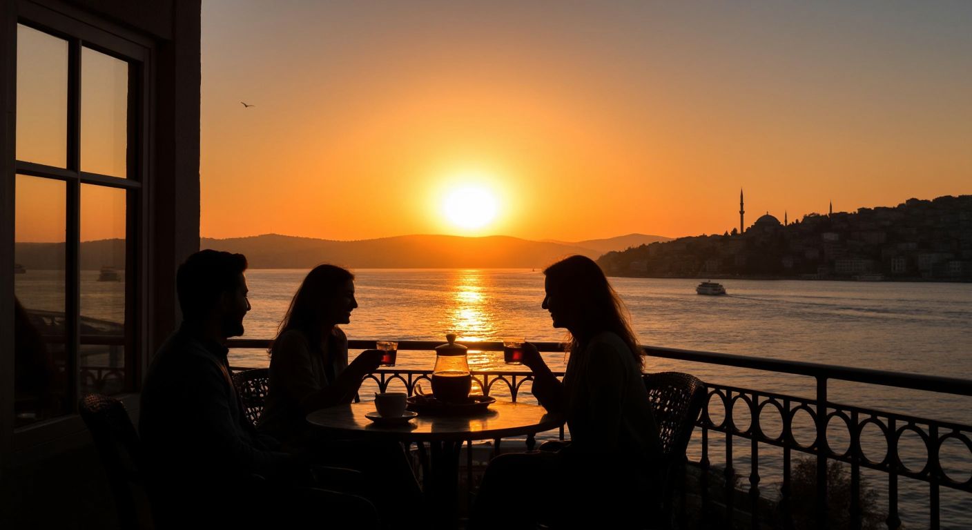 A warm Turkish sunset over a tranquil Bosphorus, with silhouettes of friends sharing tea on a balcony, their faces glowing with contentment.