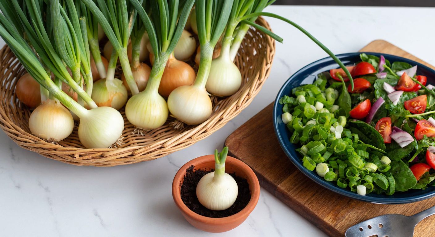 A rustic Turkish kitchen counter with sprouted onions in a woven basket, their green shoots curling upward, alongside a wooden cutting board with freshly chopped green onion pieces, a bowl of vibrant salad, and a small clay pot with soil where another sprouted onion is being planted.