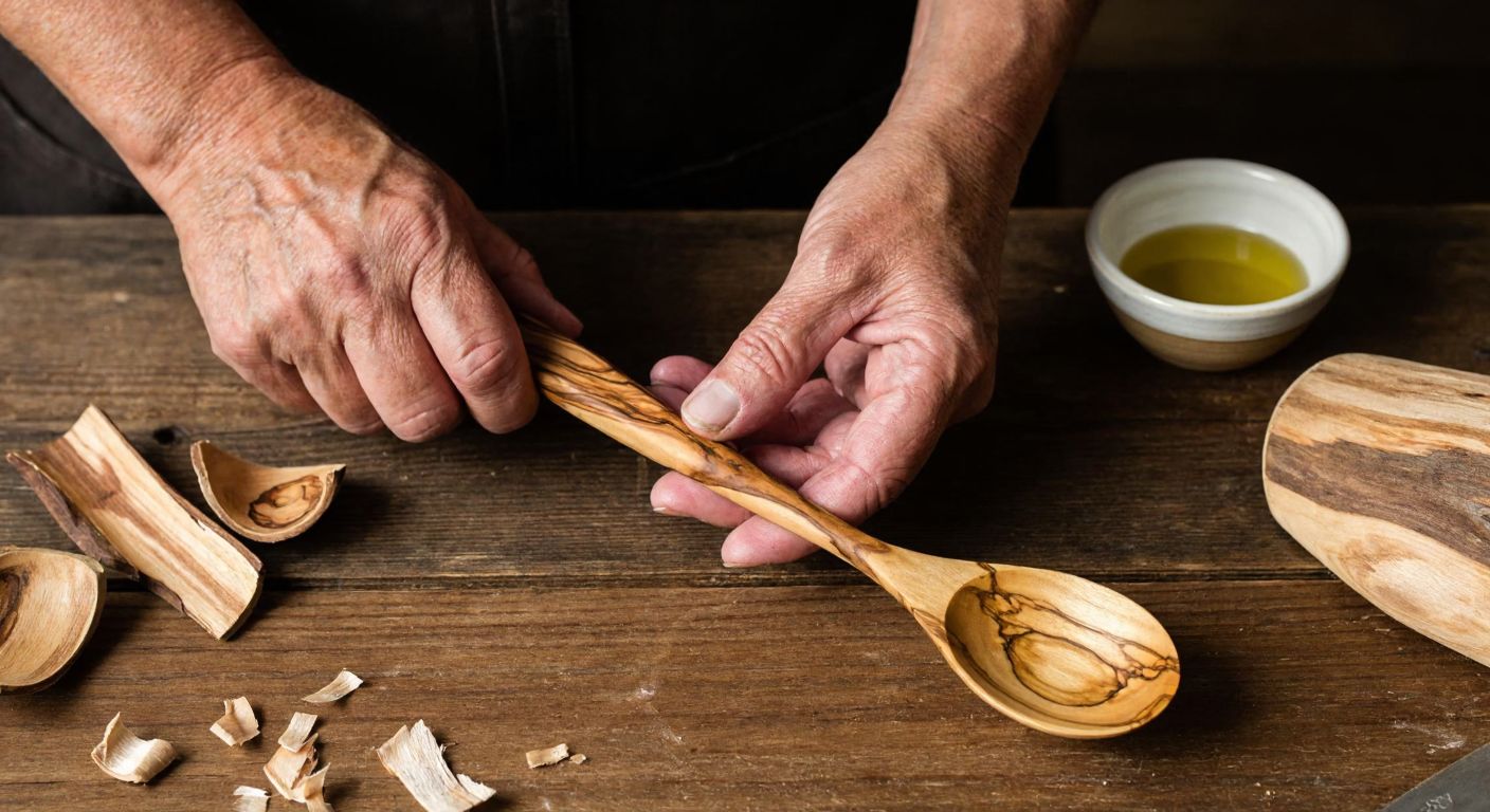 A pair of weathered hands carefully carving a smooth wooden spoon from olive wood, with wood shavings scattered on a rustic wooden table and a small bowl of olive oil nearby.