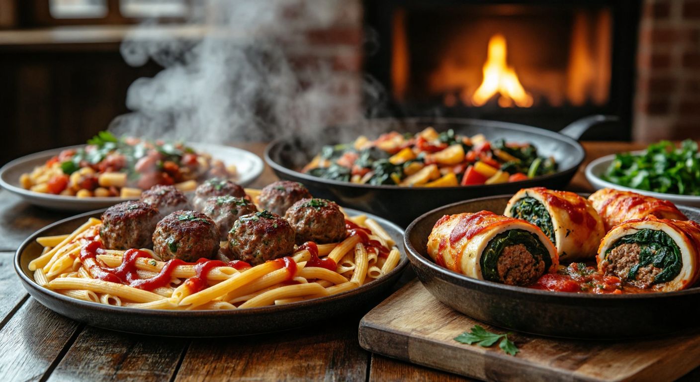 A steaming plate of ketchup-coated pasta sits beside golden-brown köfte meatballs, a vibrant spinach-wrapped chicken roll, and a colorful vegetable wok, all arranged on a rustic Turkish dining table with warm, inviting lighting.