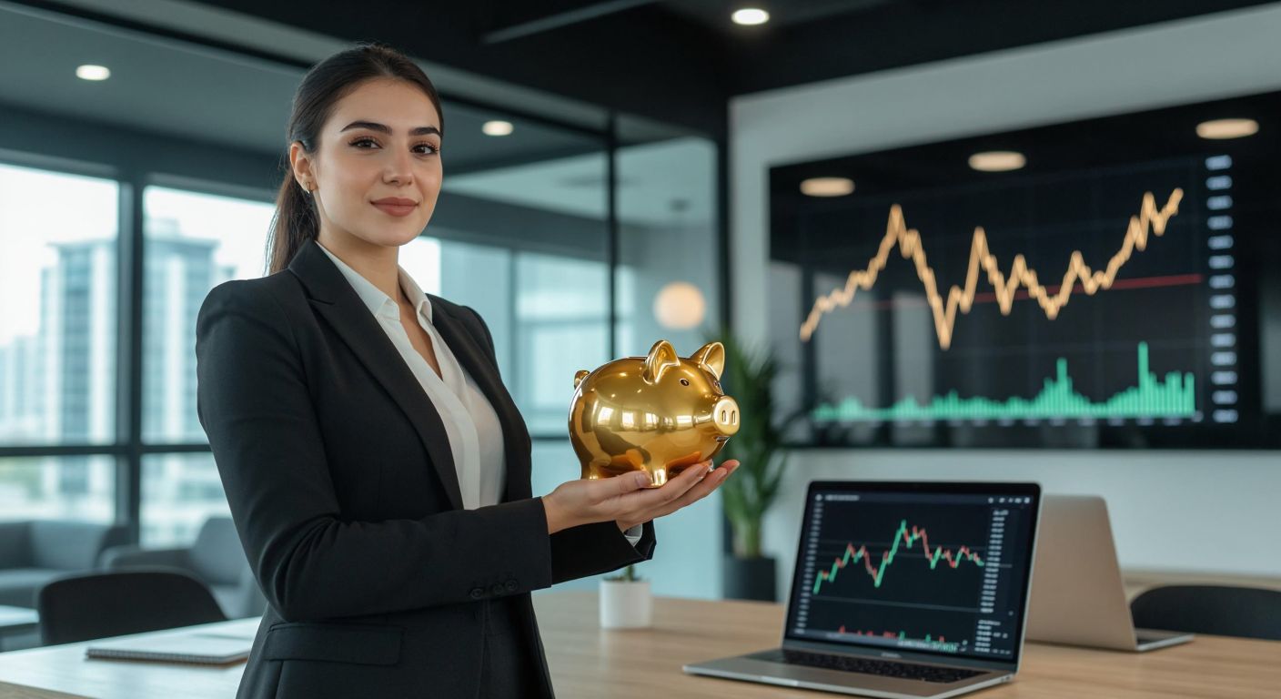 A confident Turkish woman in a sleek business suit stands in a modern office, holding a golden piggy bank while a rising stock market graph glows softly on a laptop beside her.