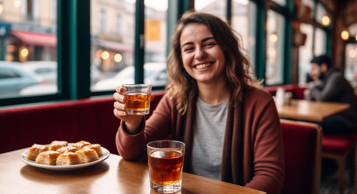 A smiling person in a cozy Turkish café holds a small, clear glass of amber-colored liqueur, with a plate of baklava nearby, exuding warmth and relaxation.