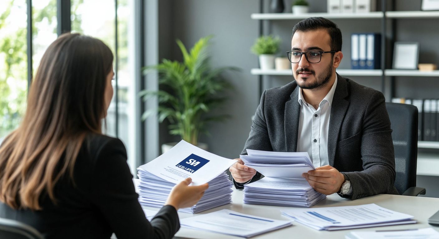 A Turkish accountant in a modern office compares two stacks of documents—one labeled with a bank logo (representing BSMV) and the other with a market receipt (representing KDV)—while a client listens attentively.