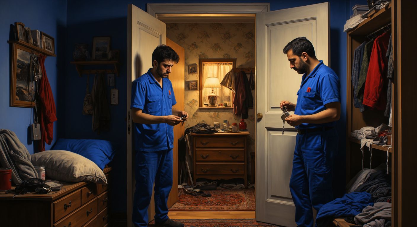 A frustrated person in a Turkish home rummages through drawers and cushions while a locksmith in a blue uniform stands by the door holding a keyring with duplicate keys.