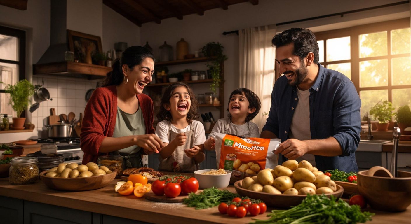 A cheerful Turkish family in a bright kitchen laughing as a parent playfully opens and closes a bag of Migros-branded potatoes while preparing a meal.