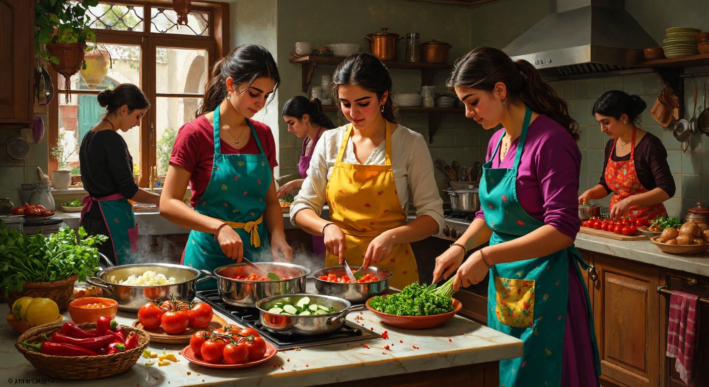 A bustling Turkish kitchen with young women in colorful aprons competitively chopping vegetables and stirring pots, while older women watch intently and a golden bracelet gleams on a nearby table.