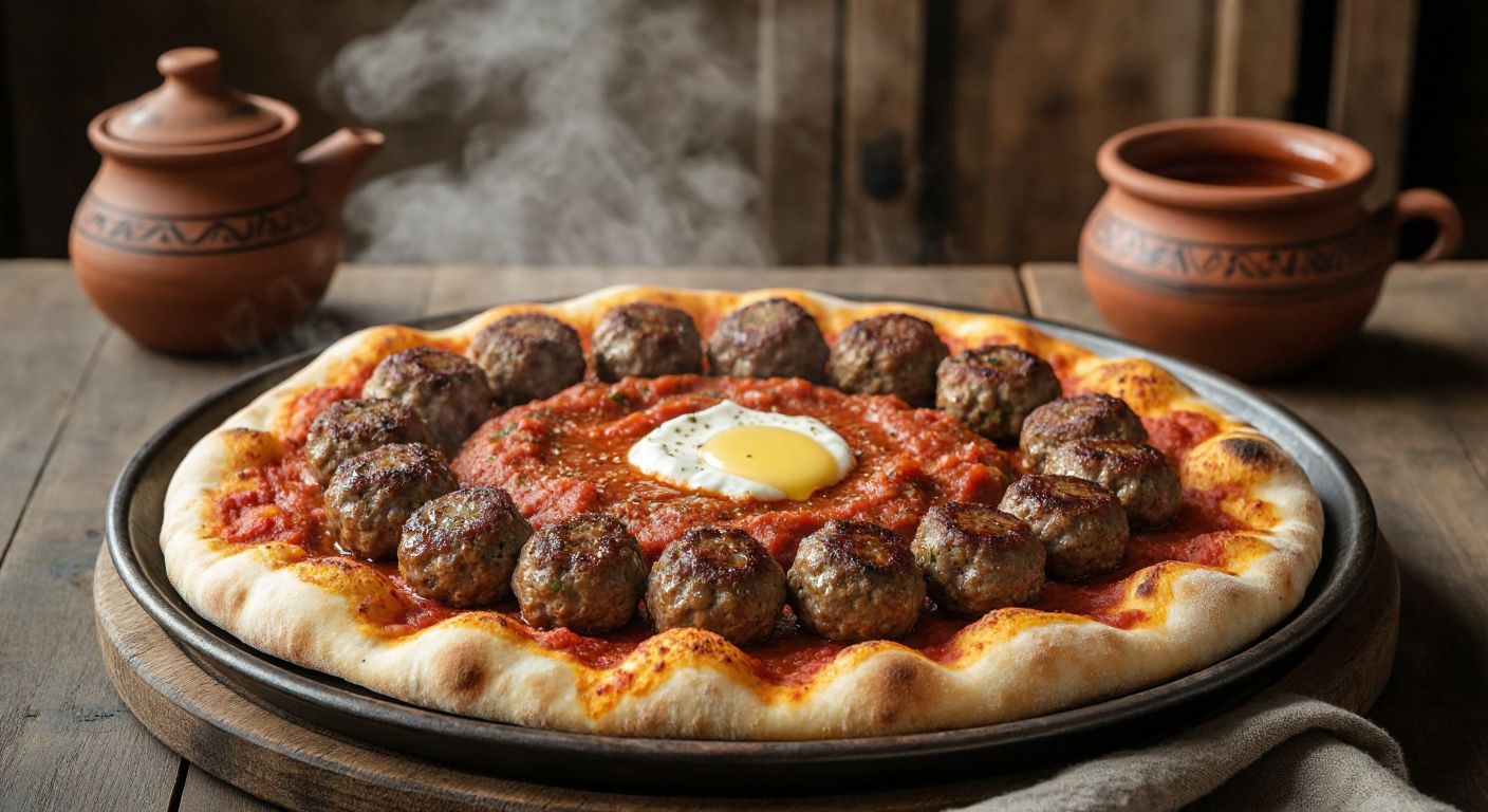 A steaming plate of *pideli köfte* with golden-brown meatballs arranged over soft, sauce-soaked pide bread, garnished with melted butter and tomato sauce, set against a rustic Turkish kitchen backdrop with a clay pot nearby.