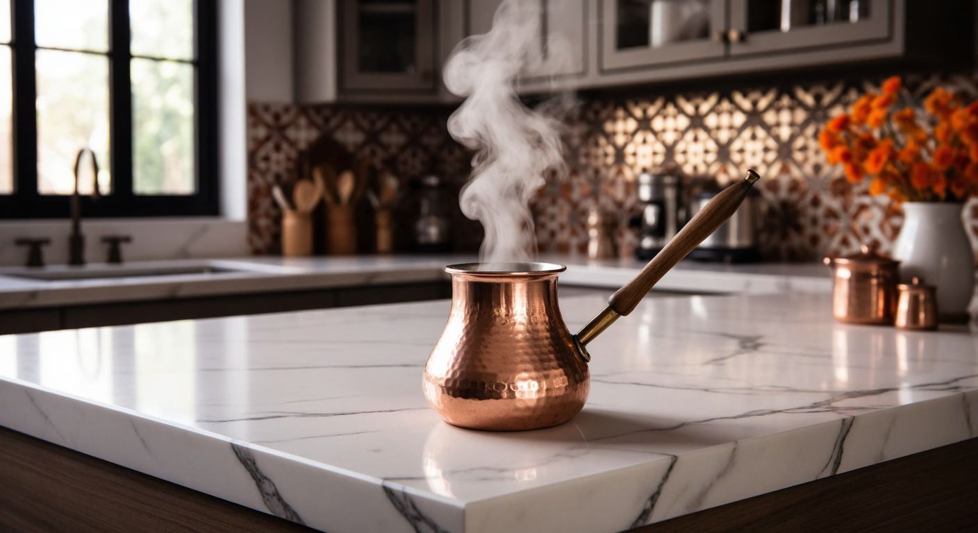 A polished white marble countertop in a Turkish kitchen, with a steaming copper cezve placed on it, showcasing the marble's heat resistance while traditional ceramic tiles adorn the background.