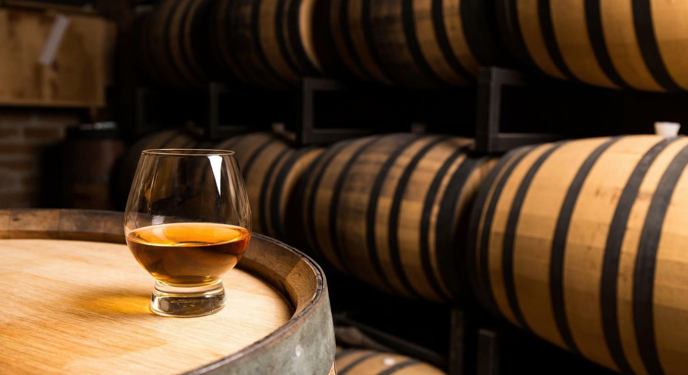 A polished wooden bar with a golden-hued glass of Irish whiskey resting on it, surrounded by oak barrels in a dimly lit, rustic distillery.