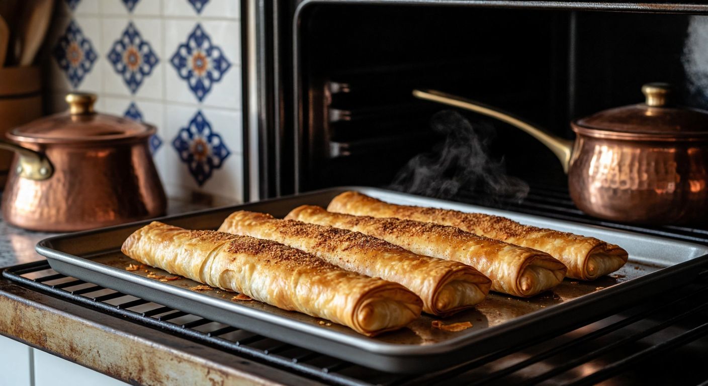 A golden-brown sigara böreği on a baking tray inside a warm oven, with steam rising and a Turkish kitchen in the background featuring traditional tiles and copper pots.