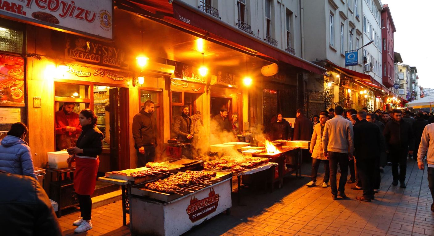 A bustling street in Istanbul's Çemberlitaş district, with a small, warmly lit kebab restaurant serving sizzling Şeyhmuz kebabs on skewers, surrounded by eager locals and the rich aroma of grilled meat.