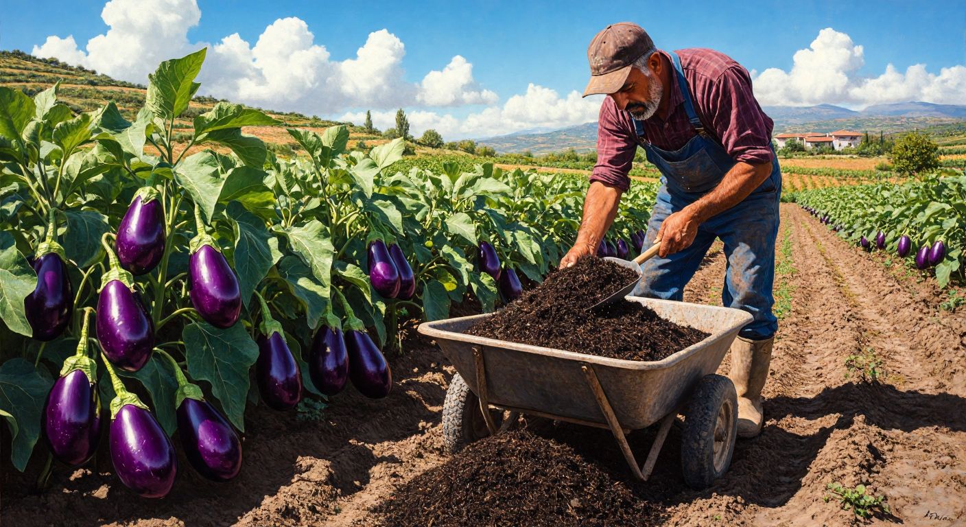A Turkish farmer in a sunlit eggplant field, carefully sprinkling phosphorus-rich fertilizer around the vibrant green plants with deep purple eggplants, while a wheelbarrow of compost sits nearby.