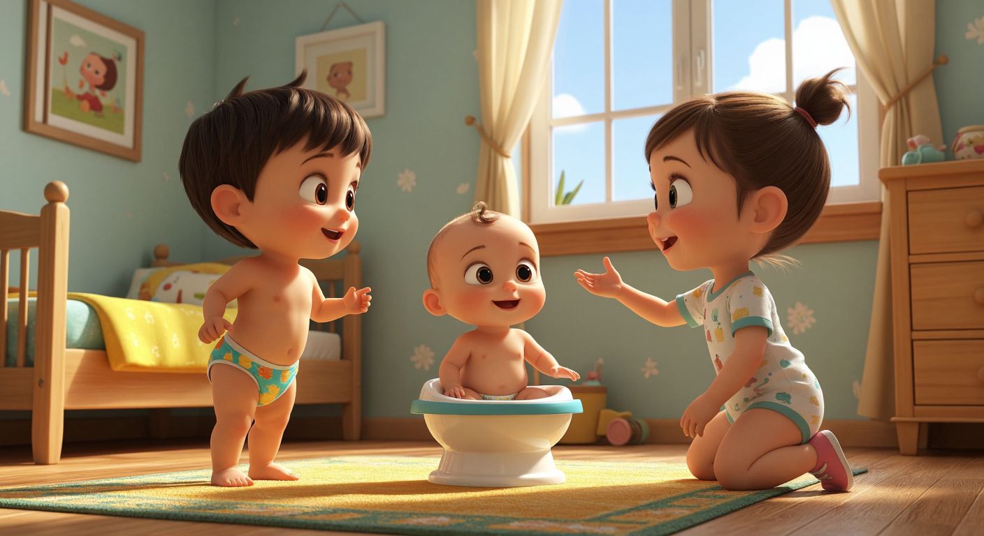 A cheerful cartoon toddler (Bebe) in a colorful diaper looks up at an older sibling (Pepee) with wide, trusting eyes, while Pepee kneels beside them with a patient smile, gesturing toward a tiny potty in a sunlit Turkish children's room.