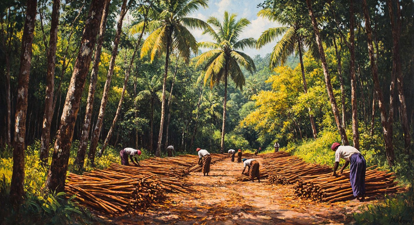 A lush Sri Lankan cinnamon plantation with workers harvesting fragrant cinnamon bark under the warm tropical sun, surrounded by vibrant green trees and golden-brown spice bundles.