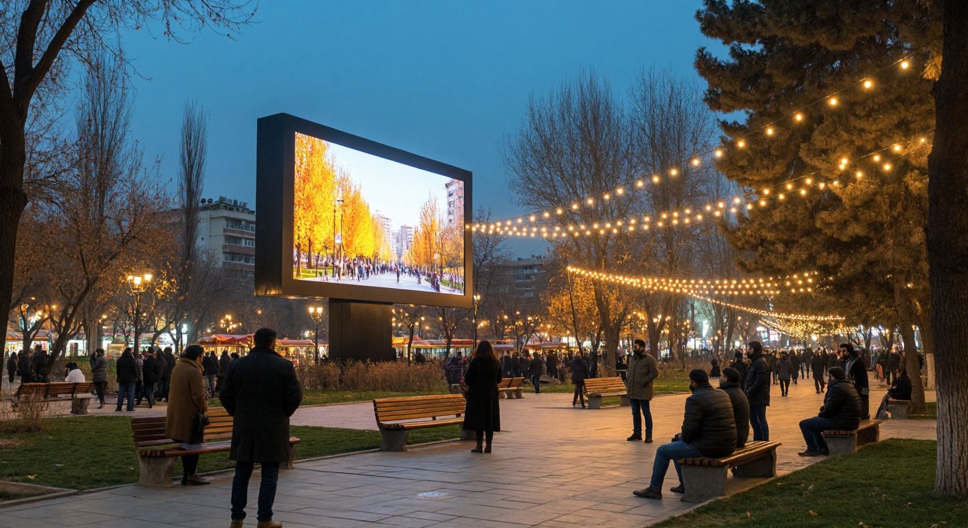 A bustling park in Ankara, with a large, brightly lit advertisement board standing prominently amid trees and benches, surrounded by curious onlookers and city officials in discussion, under a festive string of lights.