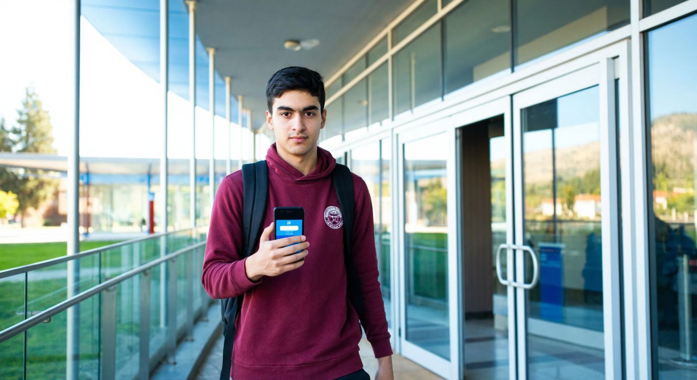 A young student in Manisa, wearing a backpack, confidently walks through the modern glass entrance of Celal Bayar University, holding a smartphone with a login screen reflected in their determined eyes.