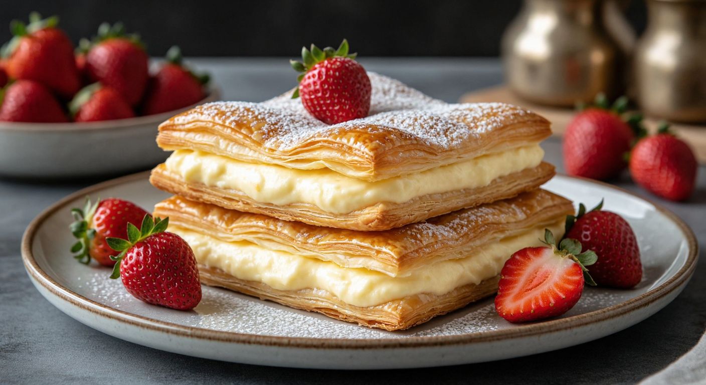 A warm Turkish kitchen with golden-brown layers of puff pastry stacked high, filled with creamy vanilla custard, dusted with powdered sugar, and garnished with fresh strawberries on a ceramic serving plate.