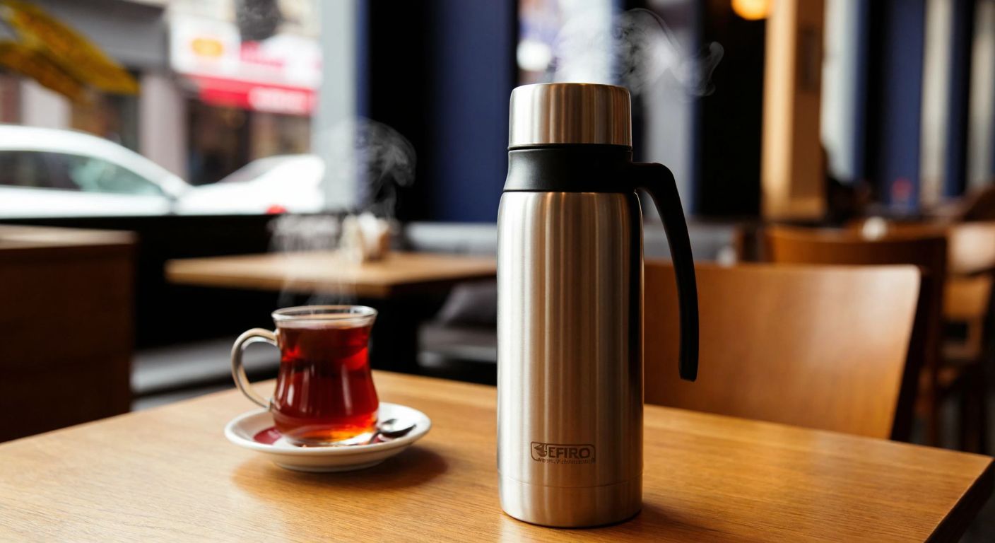 A sleek stainless steel thermos sits on a wooden table in a cozy Turkish café, steam rising from its spout, with a warm cup of çay beside it, evoking comfort and practicality.