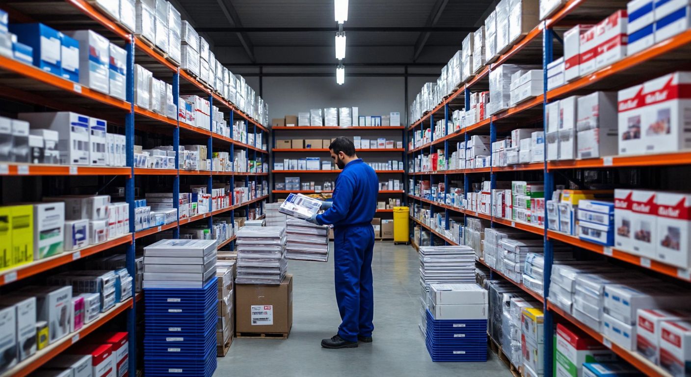 A bustling Turkish office supply warehouse with neatly stacked shelves filled with stationery, printer cartridges, paper stacks, cleaning supplies, and promotional items, while a worker in a blue uniform efficiently organizes products under bright fluorescent lights.