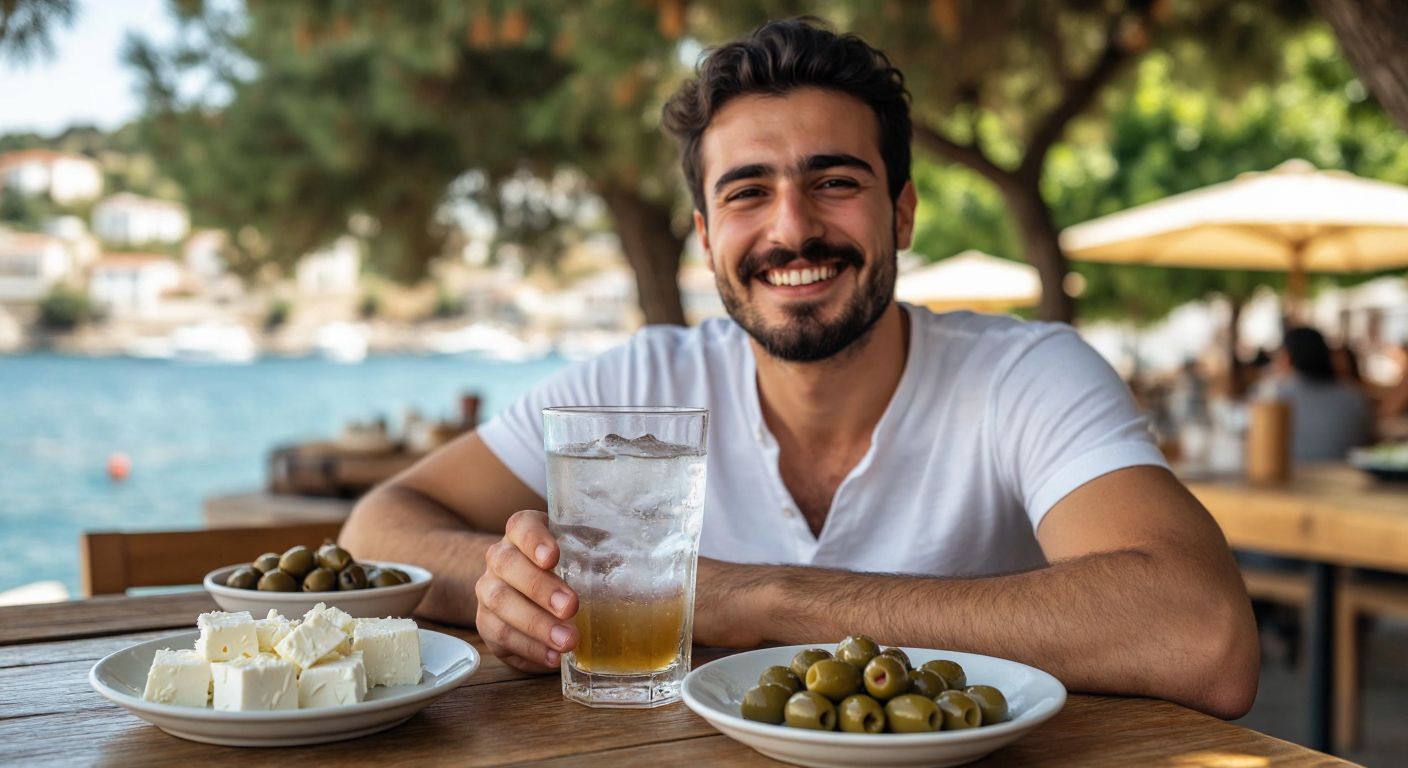 A smiling Turkish man in a casual outdoor setting holds a clear glass of Efe Rakı with ice and water, surrounded by small plates of meze like olives and white cheese, exuding relief and satisfaction.