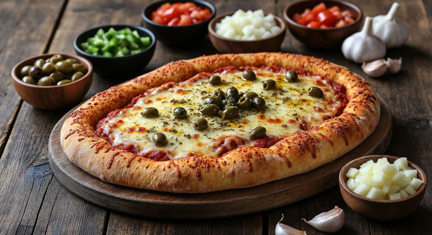 A rustic wooden table holds a freshly prepared *salçalı ekmek* with golden crust, topped with melted cheese, sprinkled red pepper flakes, and a drizzle of olive oil, surrounded by small bowls of diced green peppers, black olives, and minced garlic.