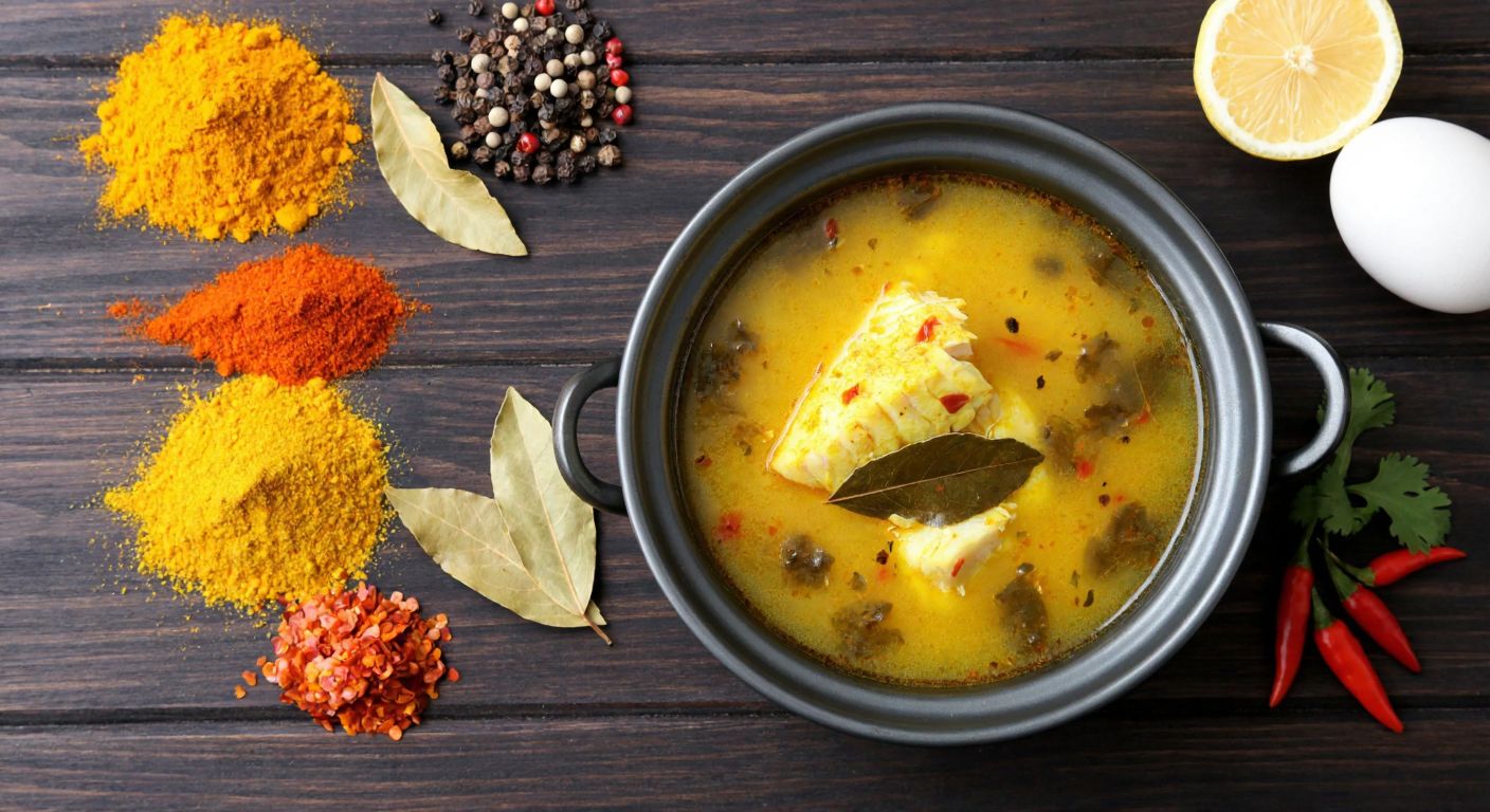 A steaming bowl of golden fish soup sits on a rustic wooden table, surrounded by small piles of vibrant turmeric, coriander seeds, black peppercorns, bay leaves, and red pepper flakes, with a lemon and egg yolk nearby.