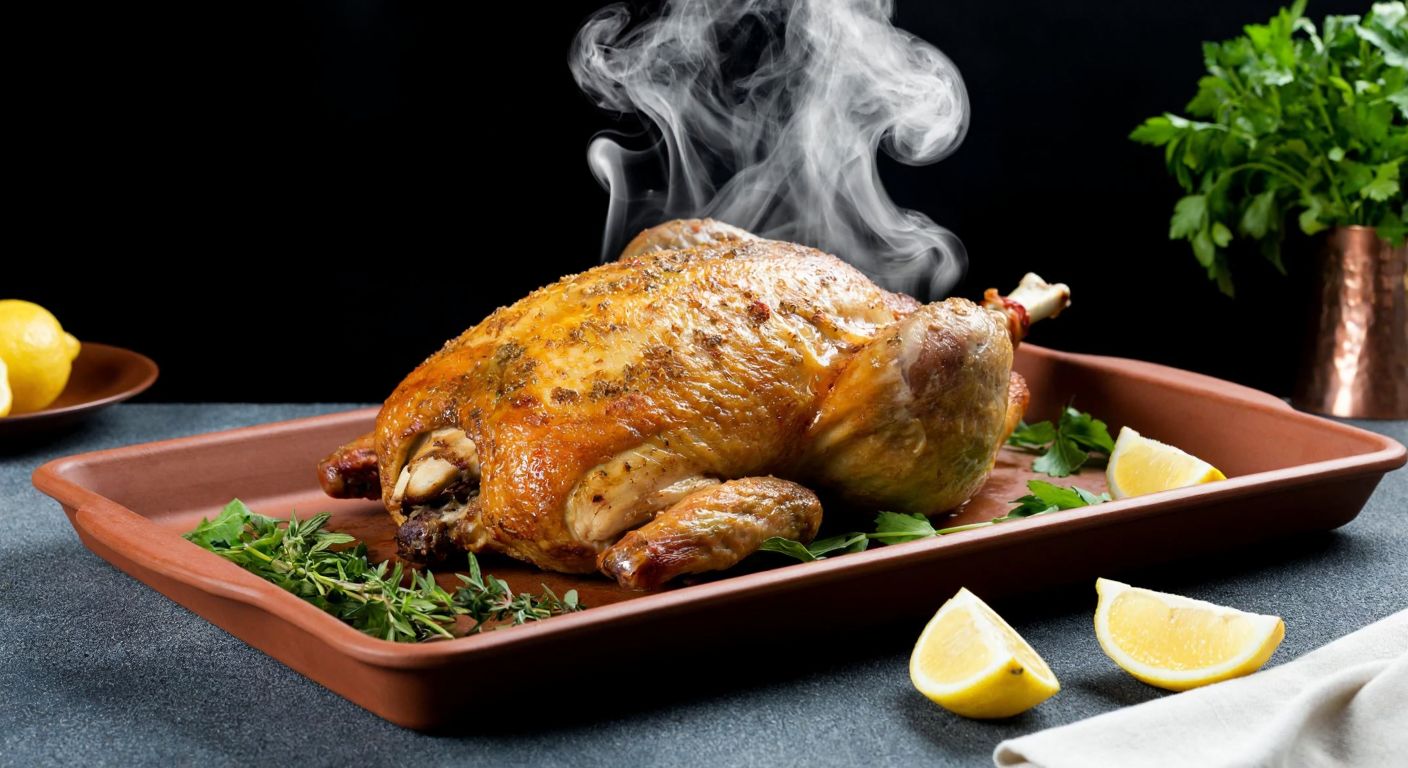 A golden-brown roasted goat leg resting on a rustic clay tray, surrounded by fresh herbs and lemon wedges, with steam rising from the tender meat in a warm Turkish kitchen.