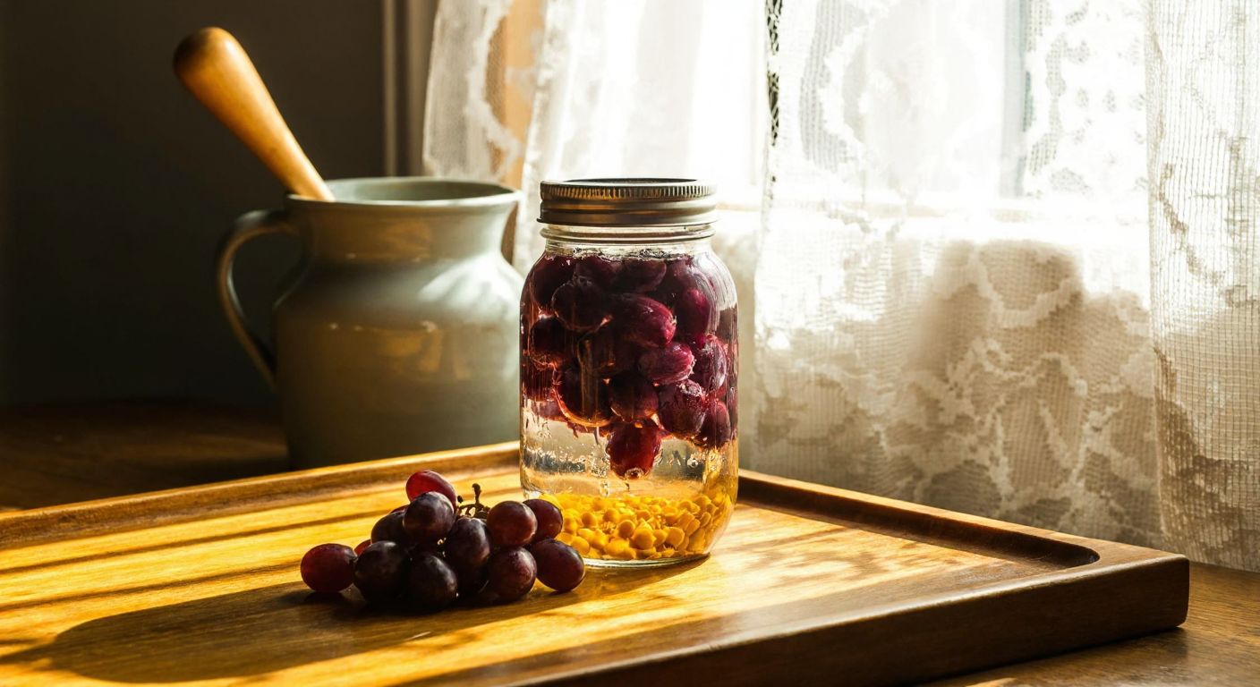 A rustic Turkish kitchen with a wooden table holding a glass jar filled with crushed purple grapes, water, and mustard seeds, bathed in warm sunlight filtering through a lace curtain.