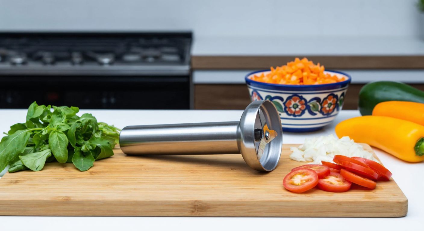 A stainless steel blender blade rests on a wooden countertop next to chopped vegetables, with a traditional Turkish ceramic bowl in the background.