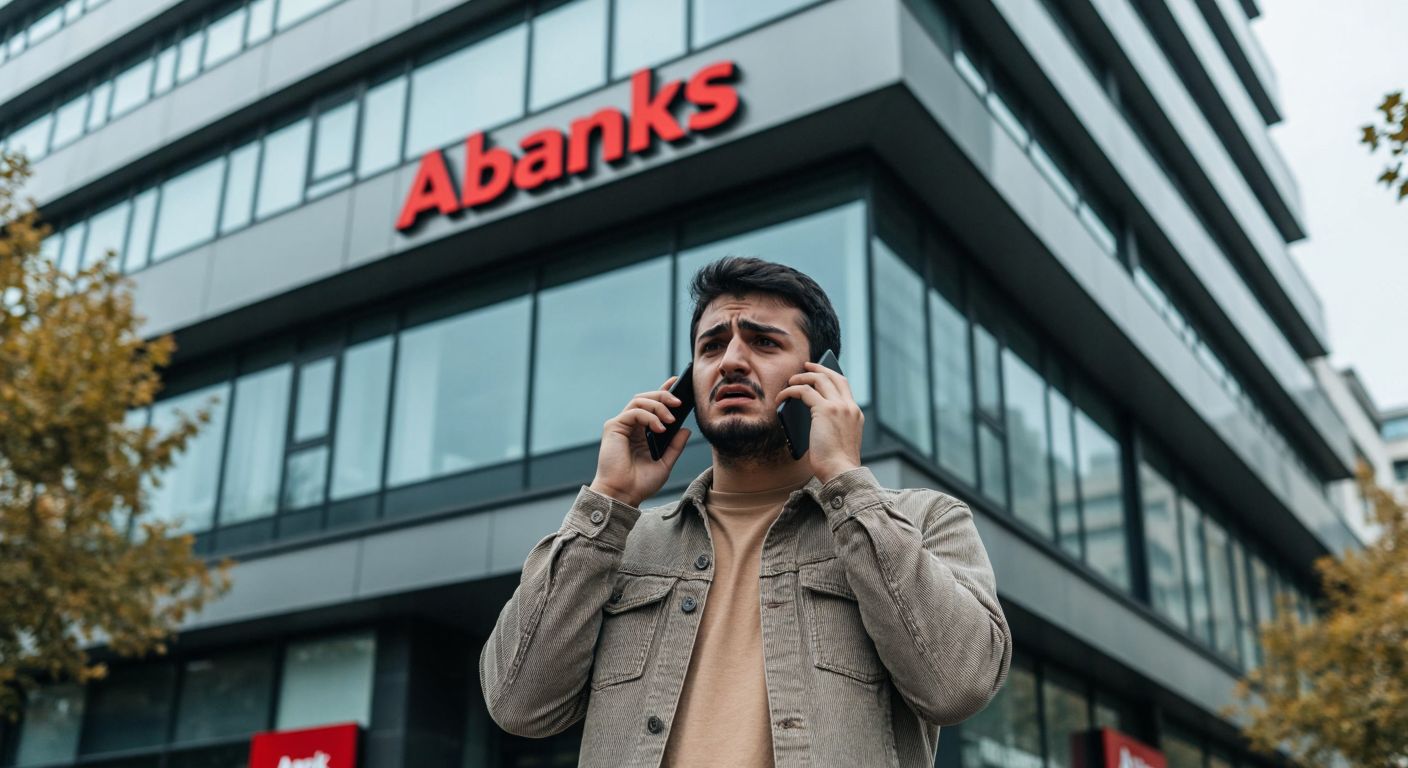 A frustrated Turkish person in casual attire holds a phone to their ear while standing near a modern bank building with Akbank’s logo visible in the background.