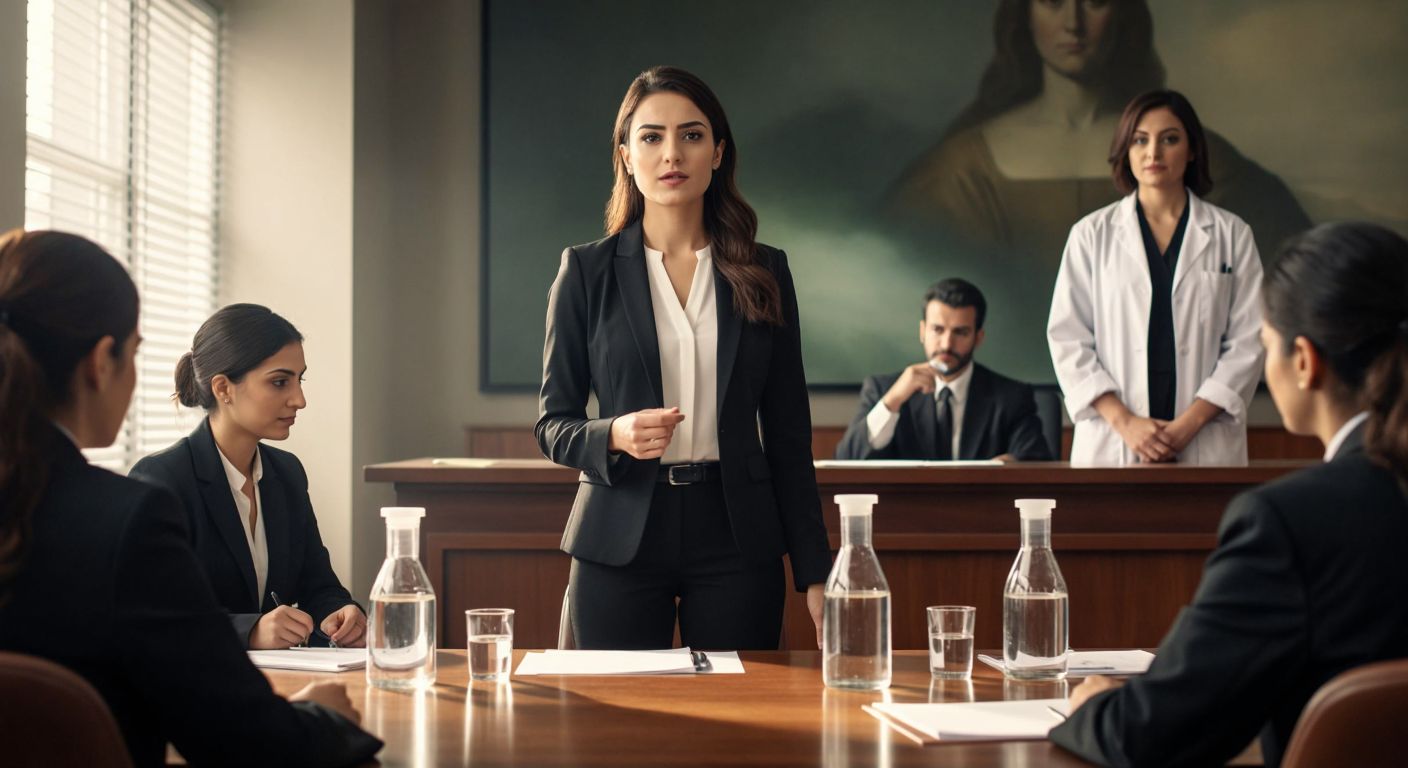 A confident Turkish woman in a sleek business suit stands at the head of a modern boardroom table, presenting to attentive professionals, while another woman in a lab coat examines test tubes in a bright laboratory, and a third in a judge's robe presides over a courtroom.