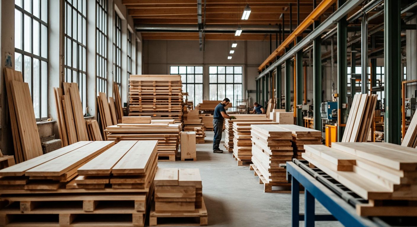 A rustic Estonian workshop with stacks of raw timber and craftsmen shaping wooden doors, contrasted with a modern Turkish factory producing glossy pharmaceutical cartons on conveyor belts.