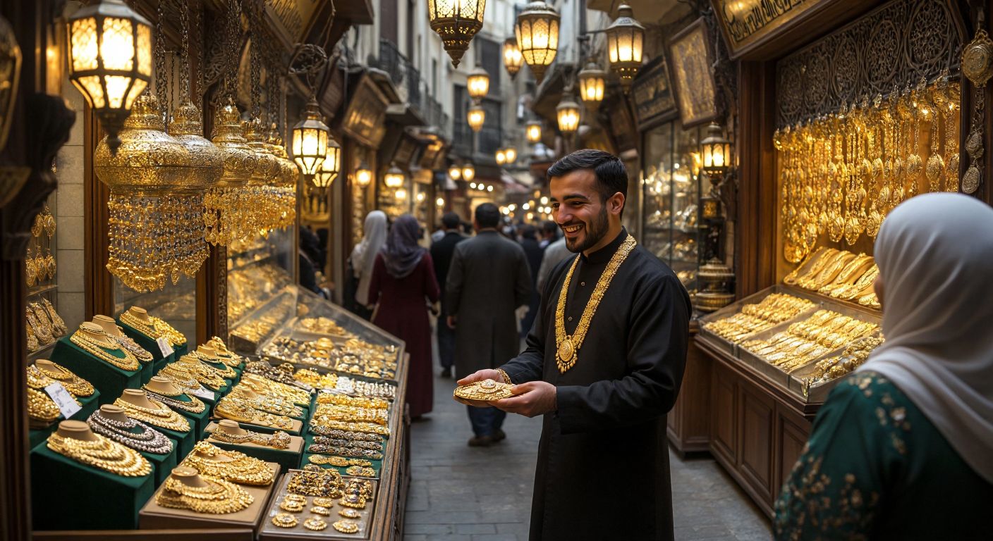 A bustling, lantern-lit alley in Istanbul's Grand Bazaar, with a gleaming gold jewelry shop displaying intricate Ottoman-style designs, where a warmly smiling shopkeeper in traditional attire presents a customer with an ornate golden necklace.