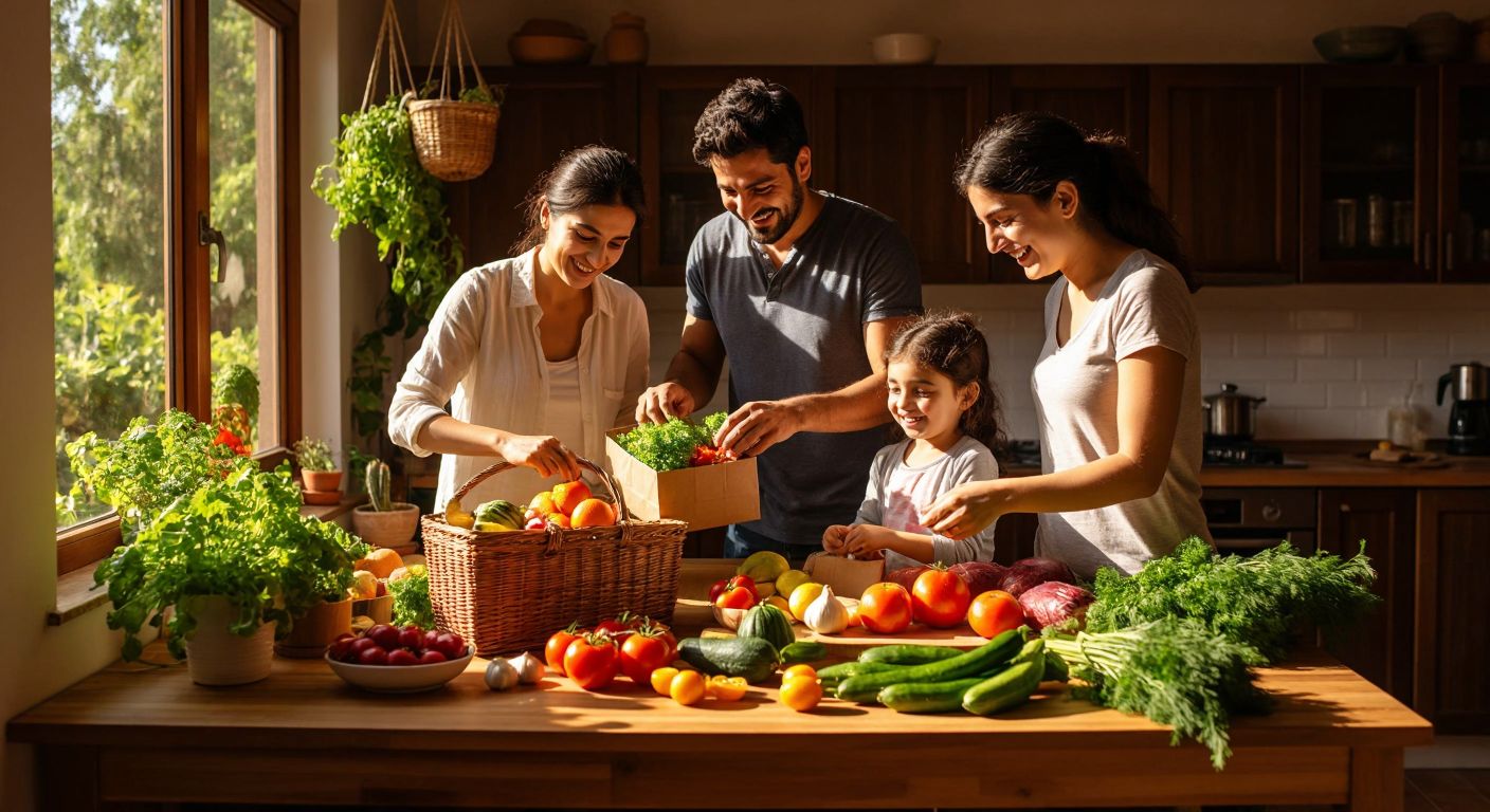 A cheerful Turkish family in a sunlit kitchen unpacking fresh organic groceries from a Tazedirekt-branded bag, with vibrant fruits and vegetables spread across a wooden table.
