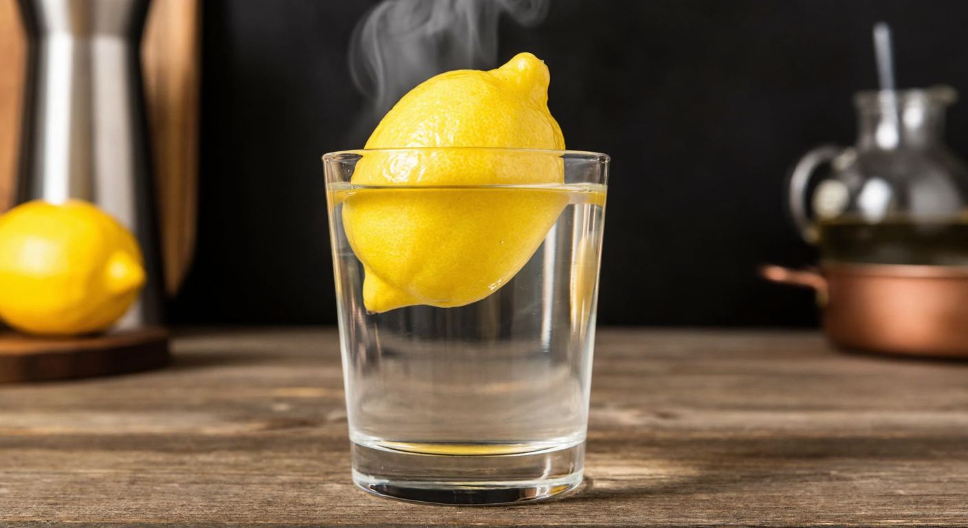 A bright yellow lemon submerged in a clear glass of steaming hot water with a rustic wooden kitchen counter in the background.
