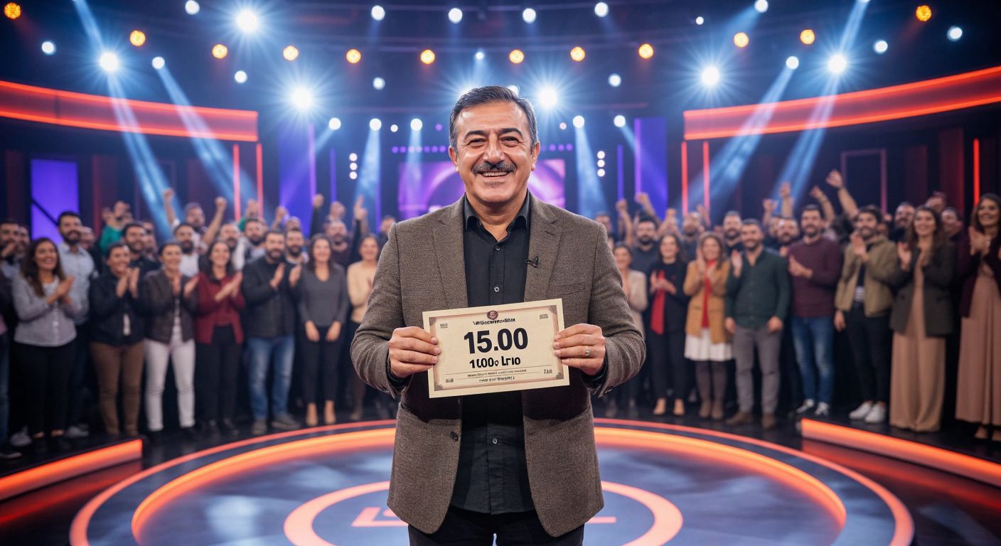 A middle-aged Turkish man with a proud smile stands on a brightly lit game show stage, holding a large check for 15,000 TL, surrounded by an excited audience in a studio with dramatic lighting.
