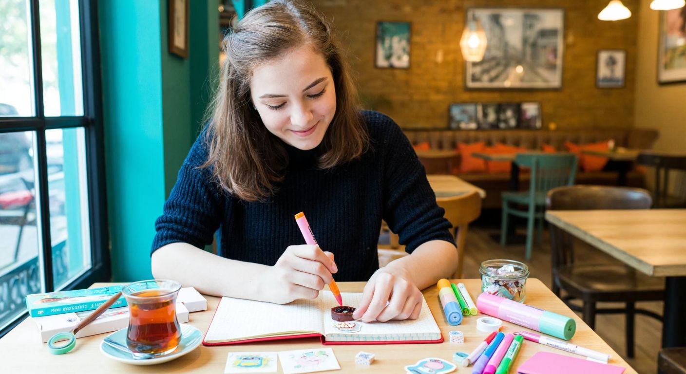 A young woman in a cozy Turkish café, smiling as she carefully decorates a dotted notebook with colorful markers, stickers, and washi tape, surrounded by scattered art supplies and a steaming cup of çay.