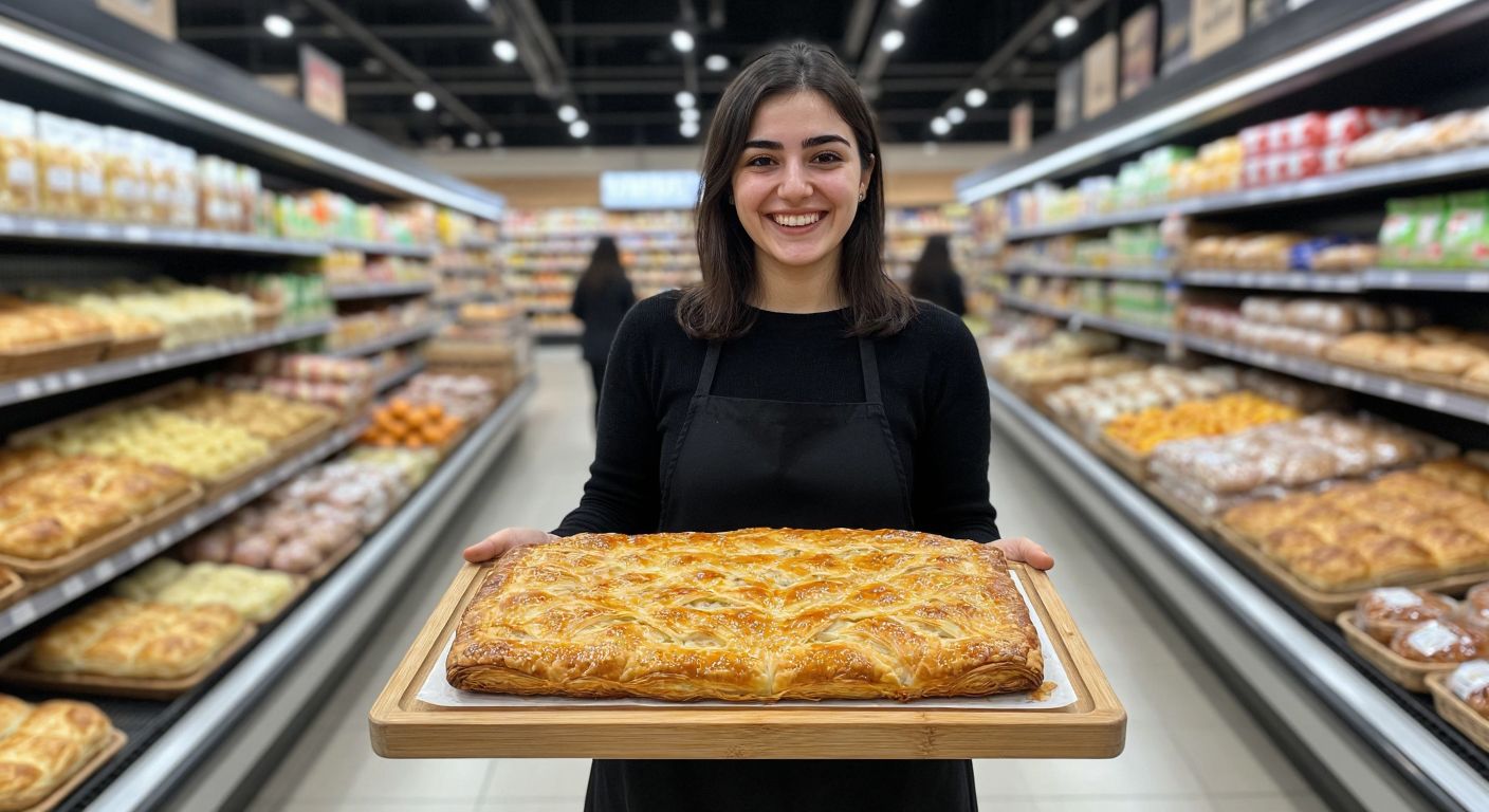 A warm, golden-brown patatesli börek sits on a wooden tray in a BİM supermarket aisle, with a smiling Turkish shopper in casual clothing reaching for it.