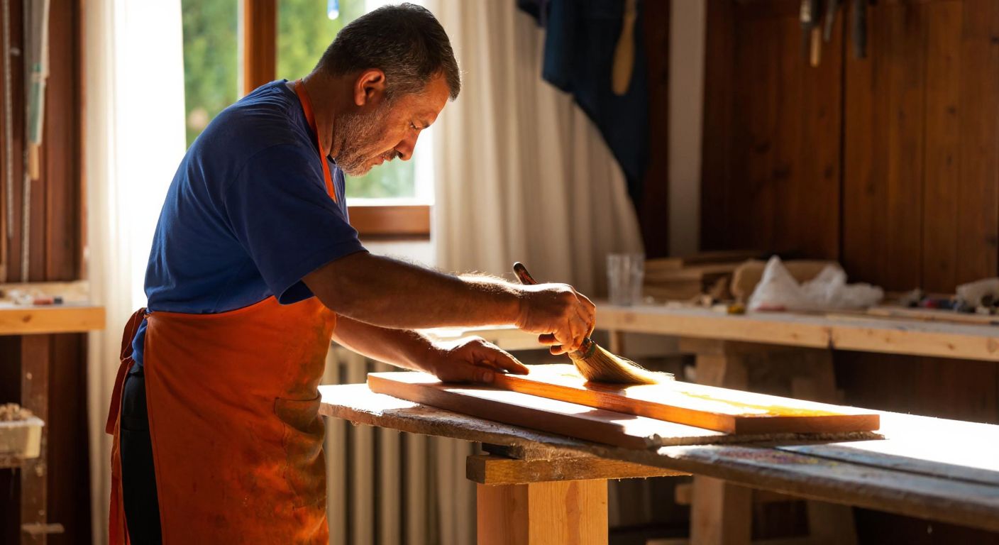 A craftsman in a sunlit Turkish workshop carefully painting a smooth wooden plank with a rich brown oil-based paint using a wide brush.