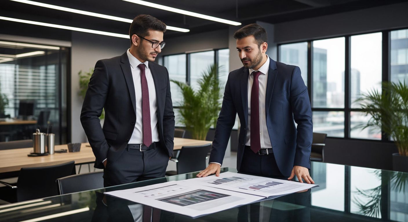 A confident Turkish executive in a sleek suit stands beside a manager in a modern office, both nodding in agreement while reviewing strategic plans on a glass table.