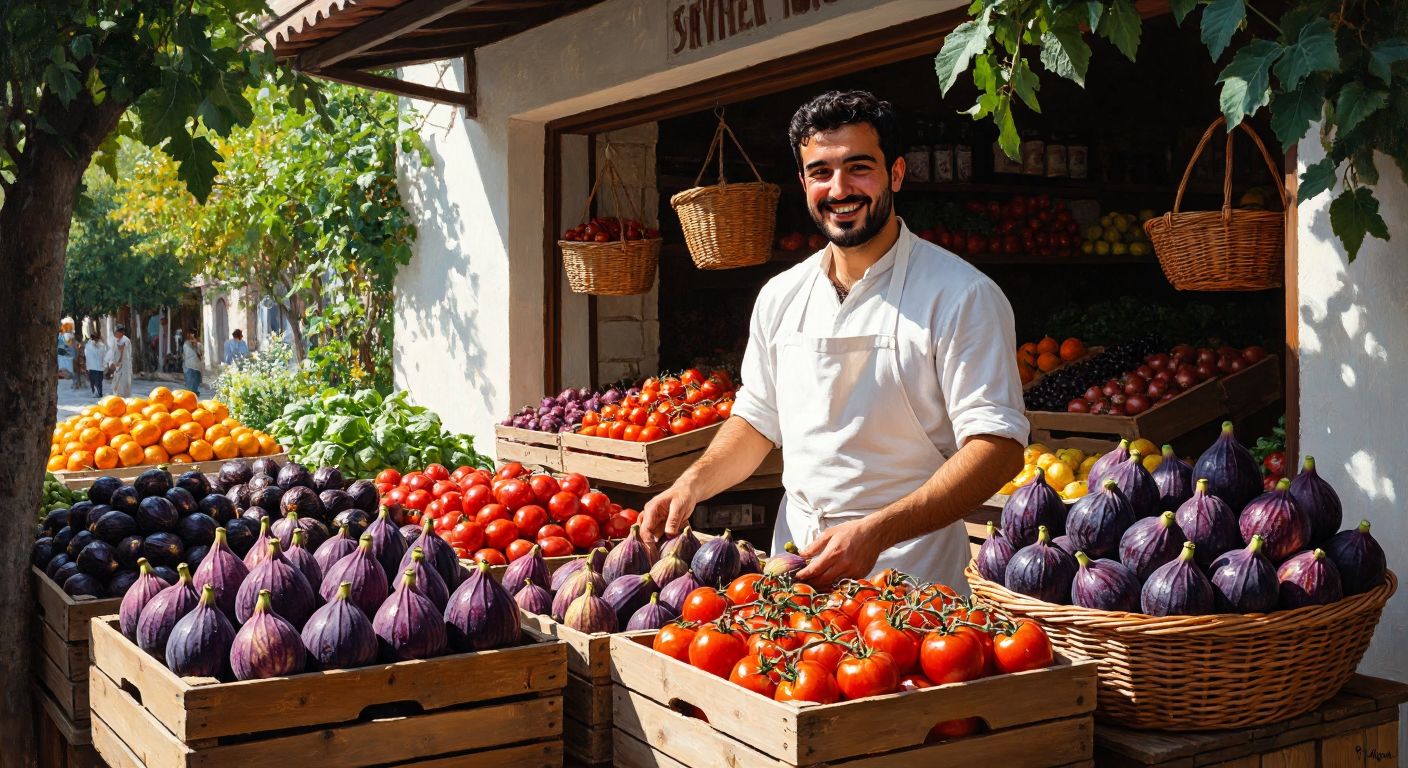 A cheerful Turkish grocer in a crisp white apron arranges vibrant piles of fresh figs, tomatoes, and eggplants on wooden crates in a sunlit market stall, smiling warmly at a customer holding a woven basket.